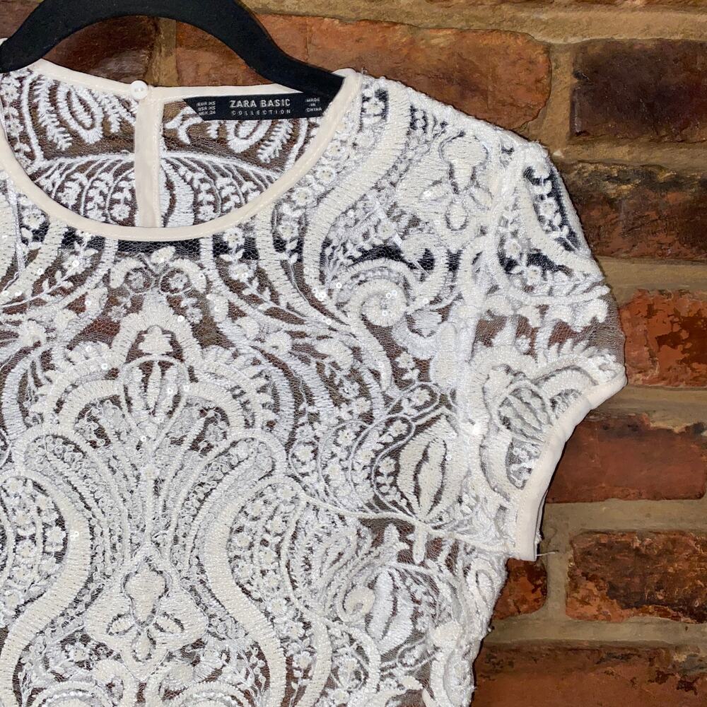 Zara White Sequined Semi-Sheer Mesh Lace Short Sleeve Crop Top Women's Size XS - Picture 2 of 7